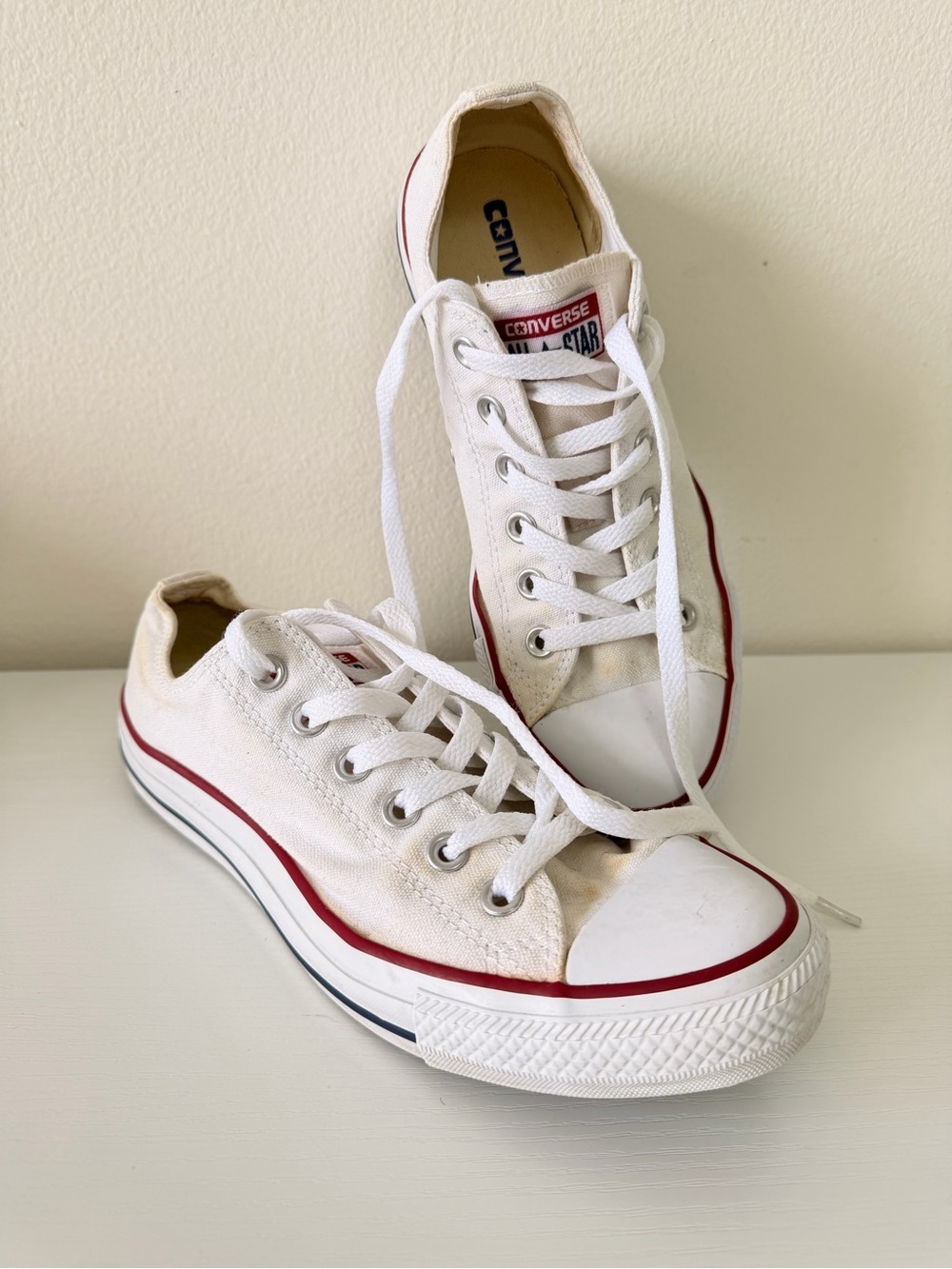 Converse Low Top Sneakers - White with Red and Navy Trim Size 8 Women